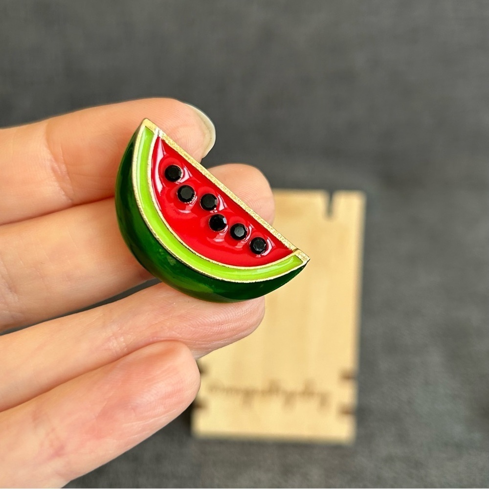 Watermelon Brooch Pin with Fashion Gemstones, Pink, Green, Black - Picture 11 of 17